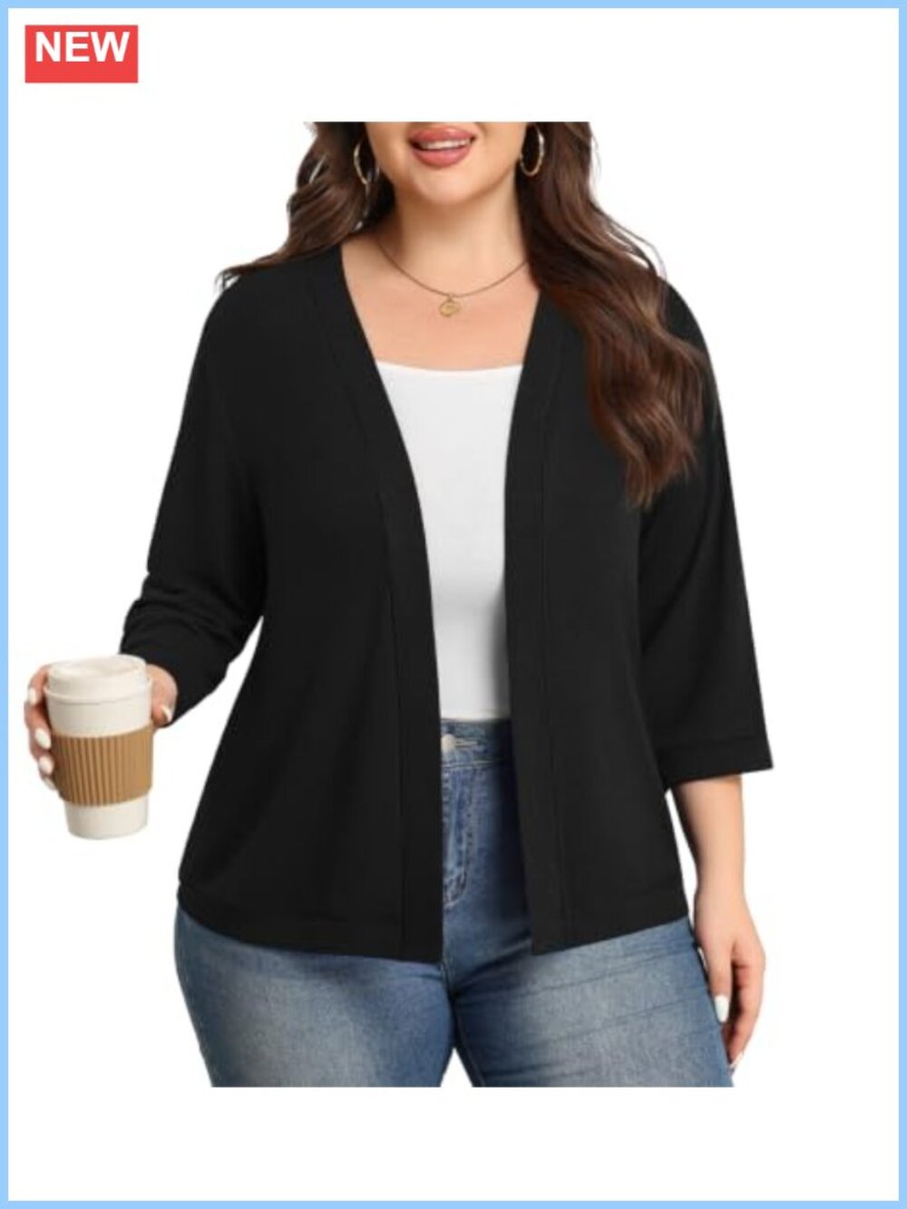 Plus Size Open Front Cropped Cardigan 3/4 Sleeve Lightweight Thin Shrug